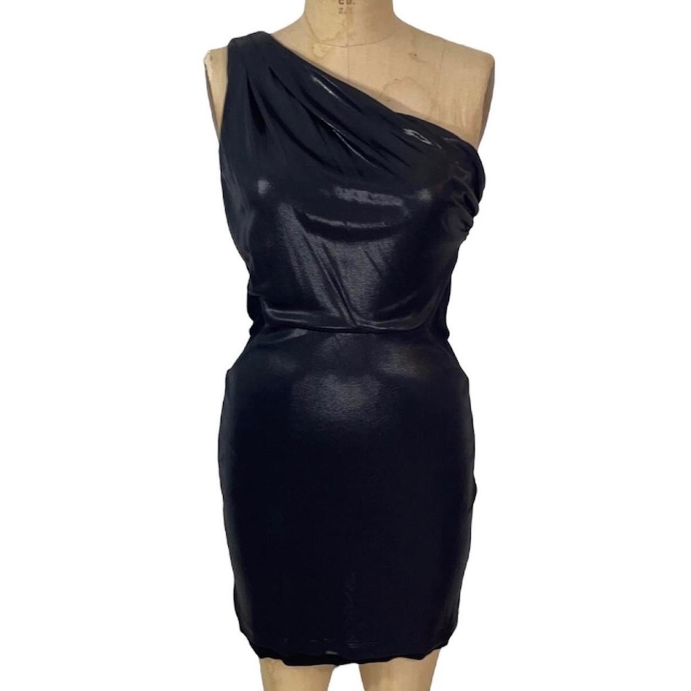 NWT Alice + Olivia one-shoulder wet look mini dress • size medium